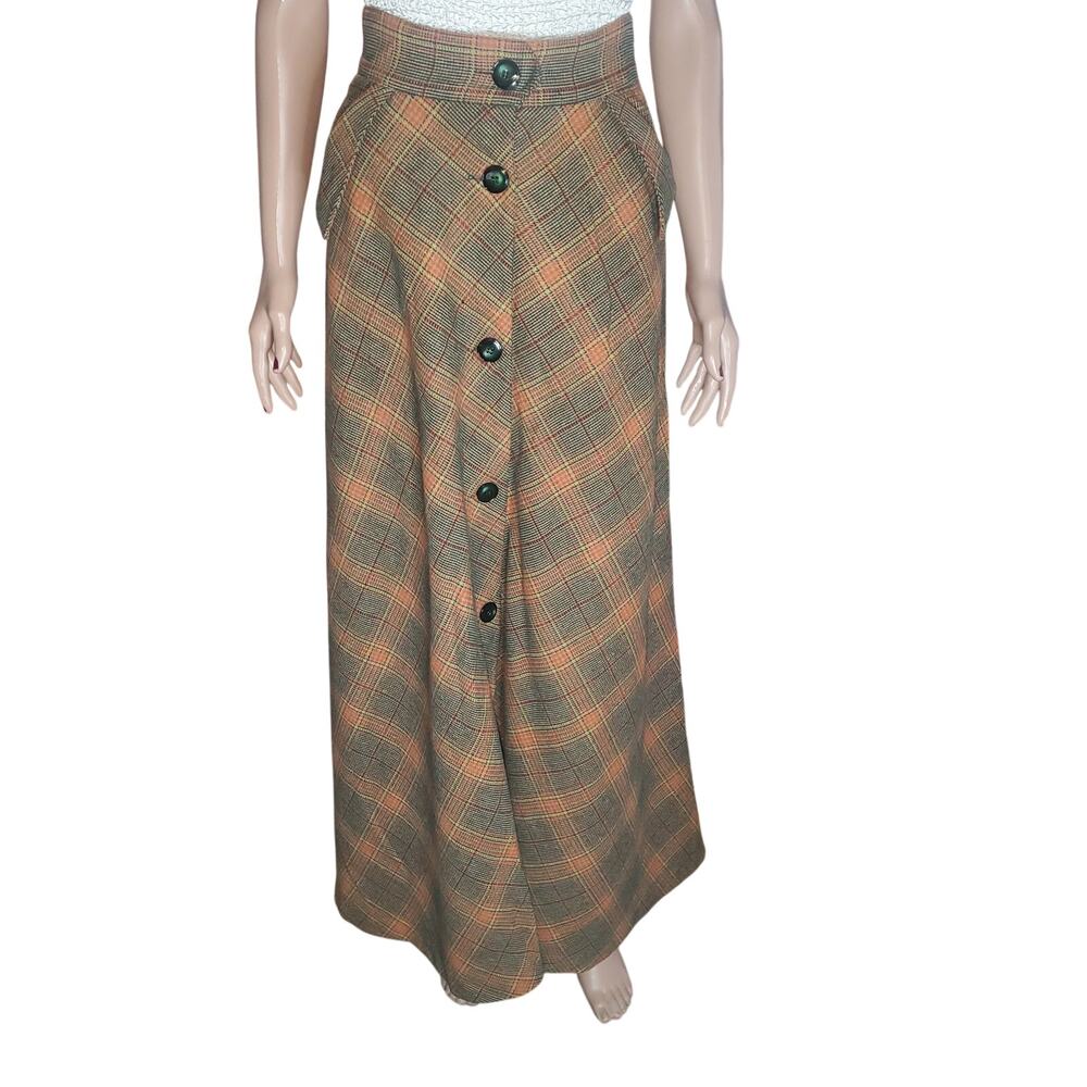 Vintage 70's 80's Size XS (25x42) Plaid Button Maxi Skirt Wool Blend Academia